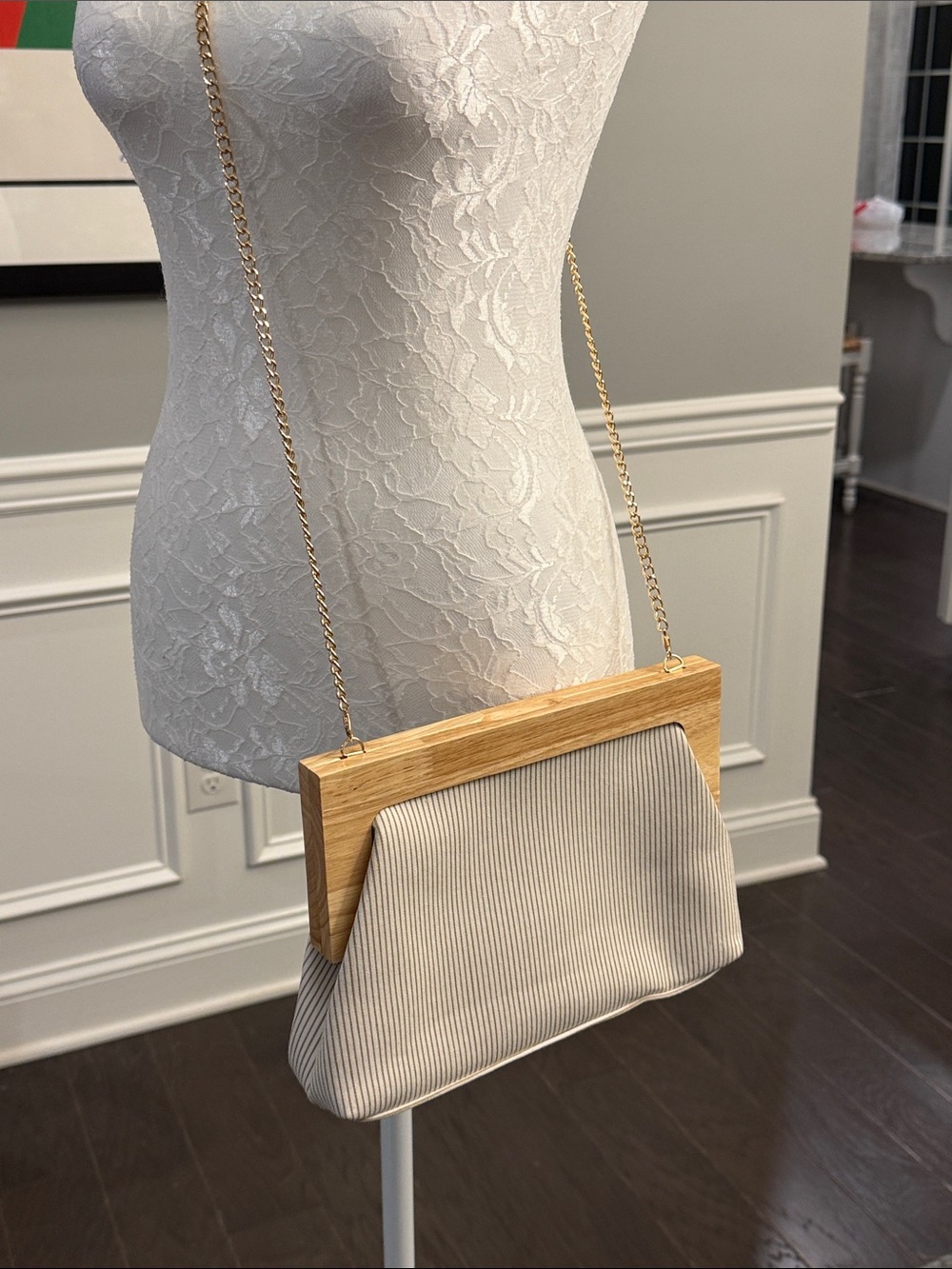 Classic Neutral Stripe Wood-Trim Bag/Clutch with Removable Chain